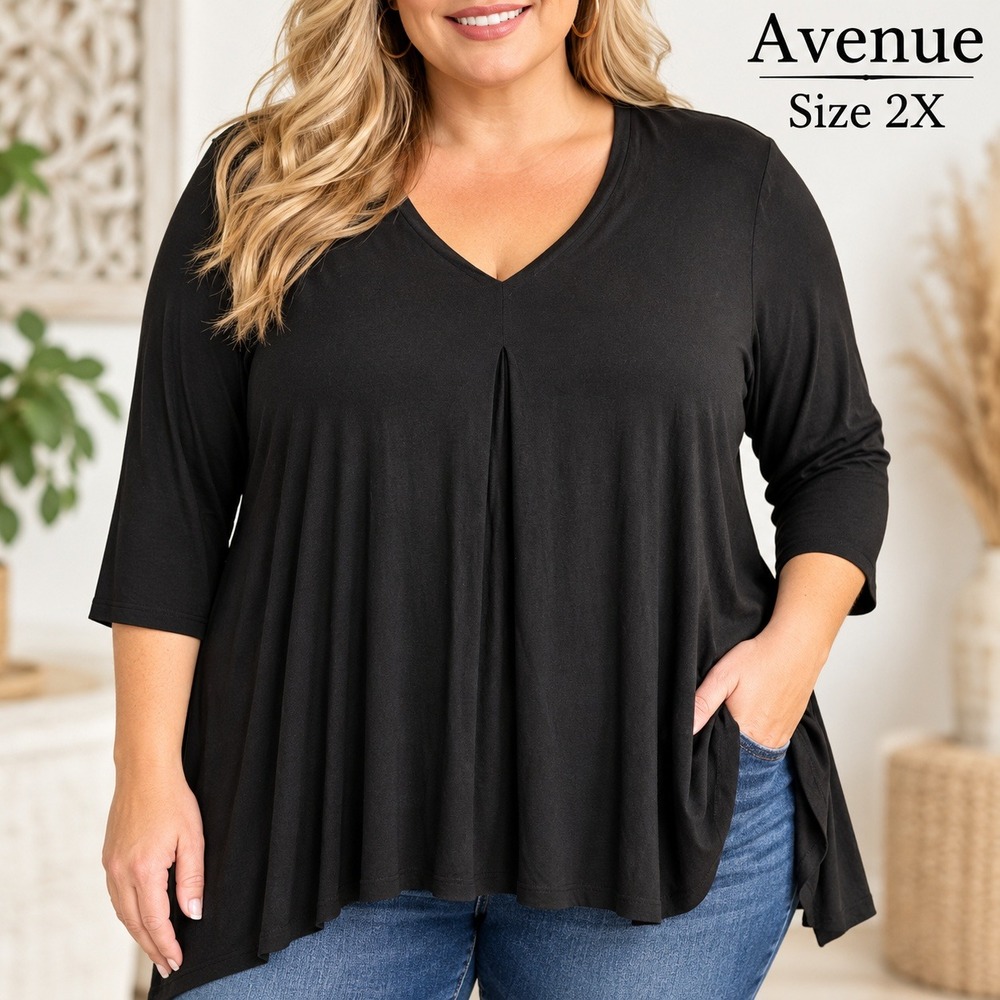 Avenue Womens 2X Black V-Neck Pleated Swing Tunic Top 3/4 Sleeve Plus Size